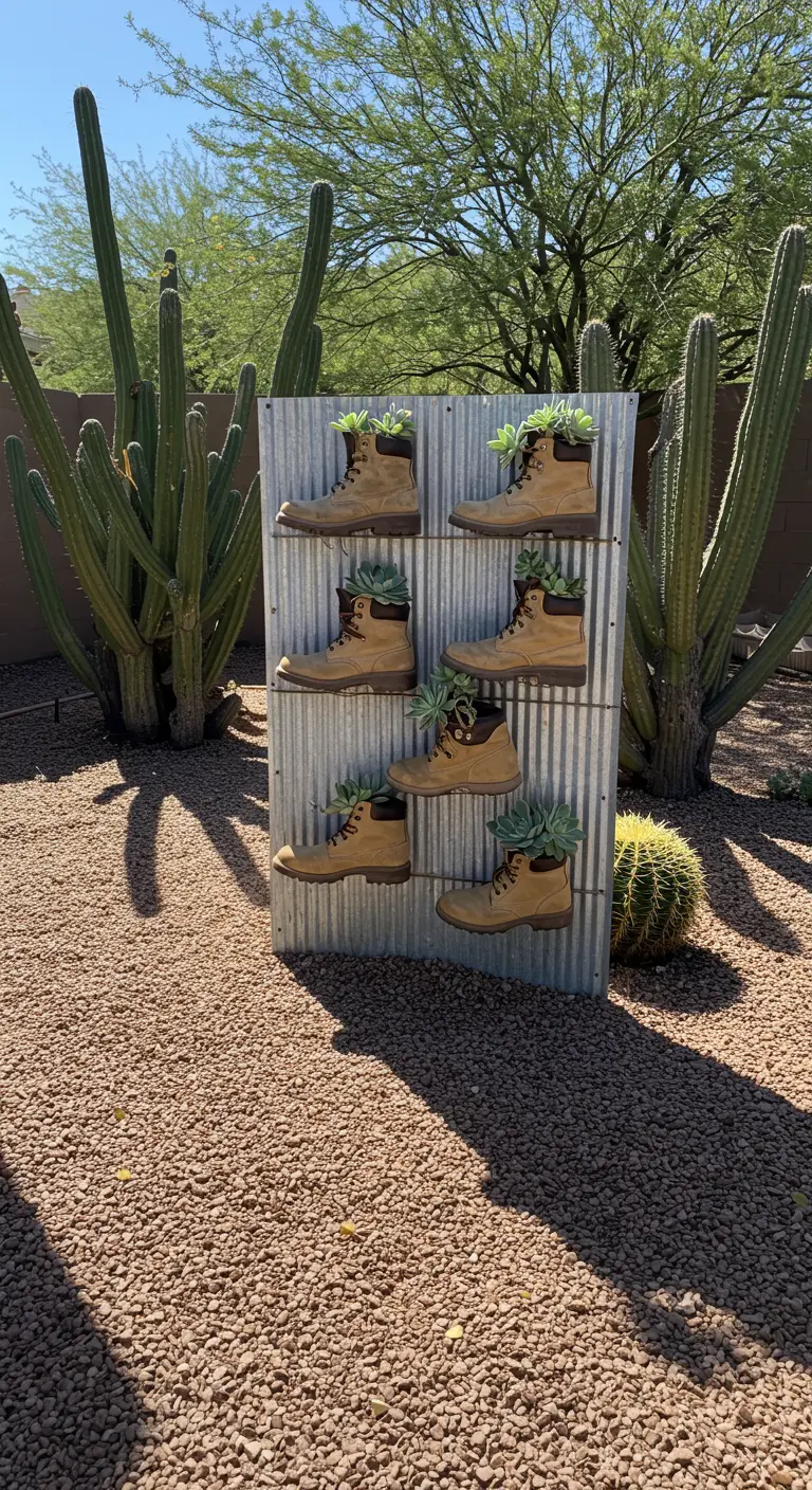 Tan hiking boots with succulents on a metal panel in a gravel desert garden.
