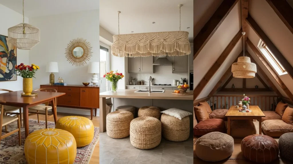 Eclectic boho breakfast nooks with various Moroccan poufs and statement macrame and woven pendant lights.