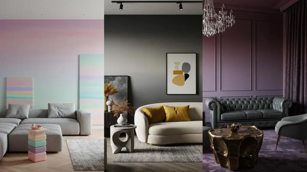 Three eclectic living rooms featuring colorful ombre accent walls and sculptural side tables.