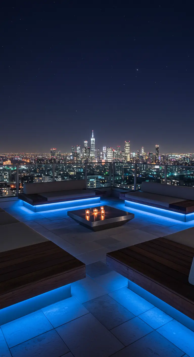 Rooftop lounge with blue under-lit benches and a central fire pit table.