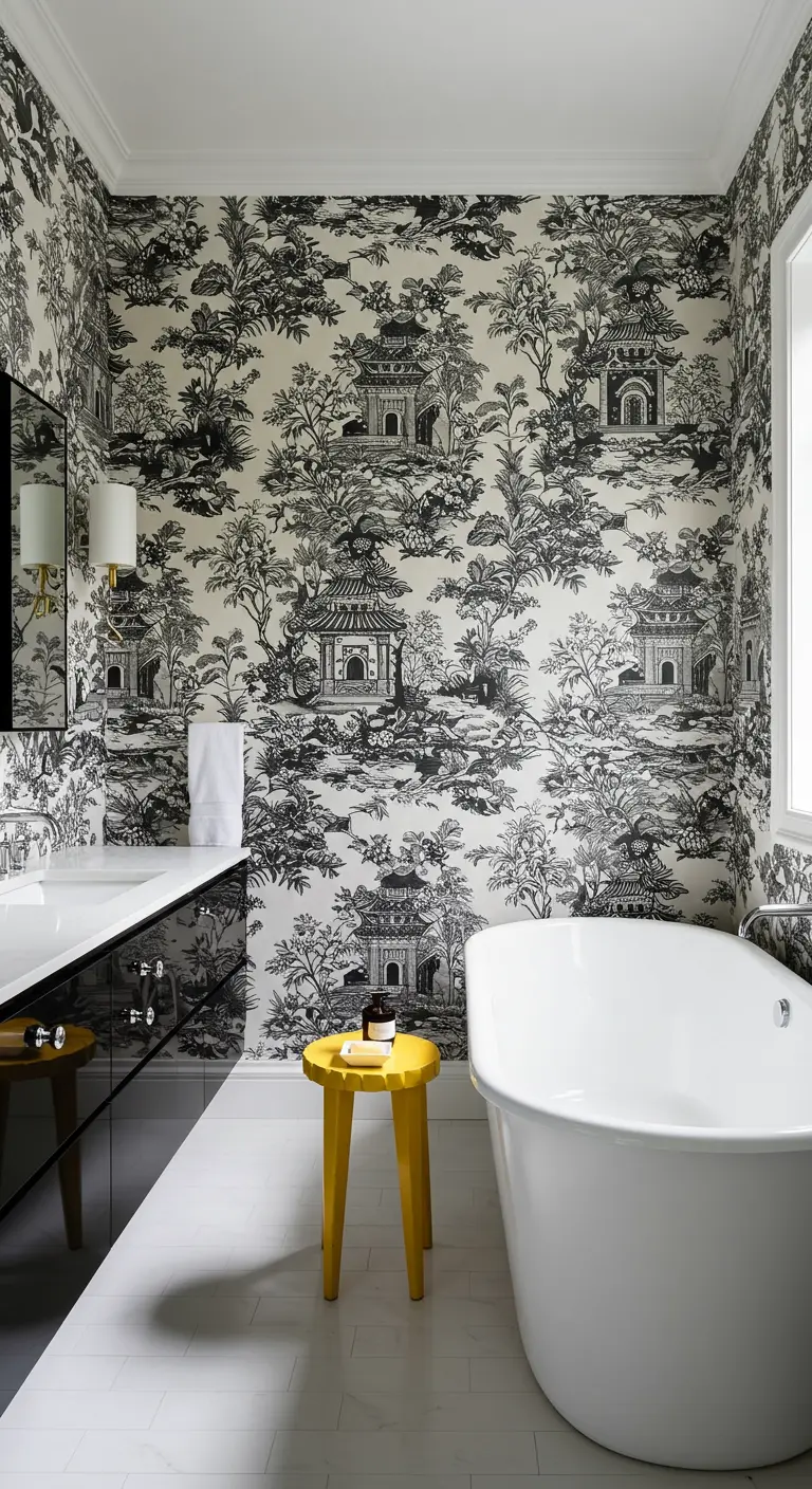 Black and white Chinoiserie bathroom with a bright yellow stool.