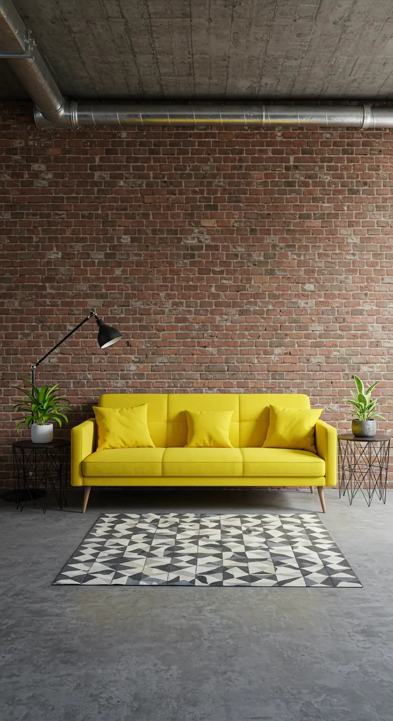 A vibrant yellow sofa stands out against a brick wall and concrete floor.
