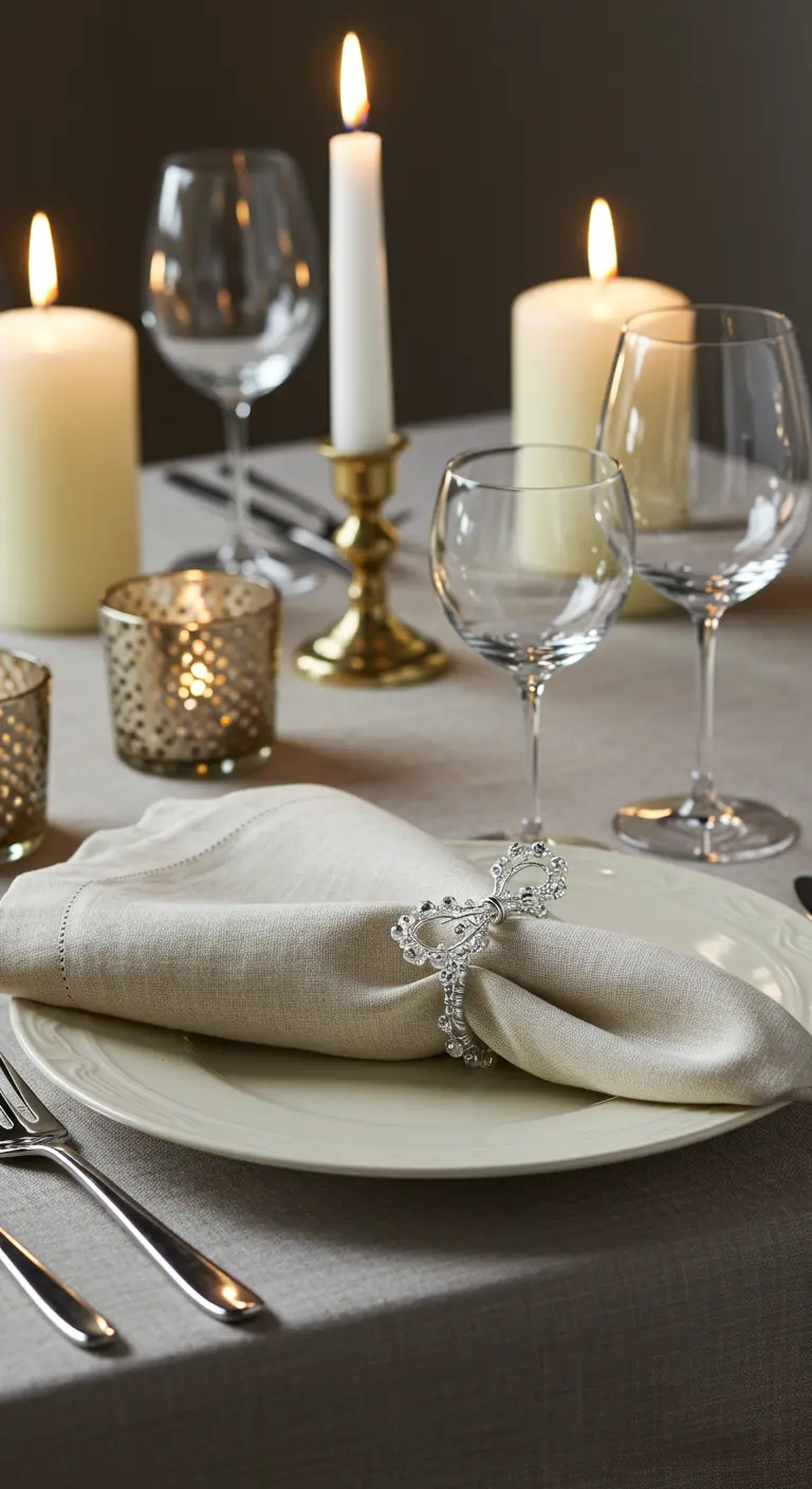A sparkling silver beaded bow-shaped napkin ring on a beige linen napkin.