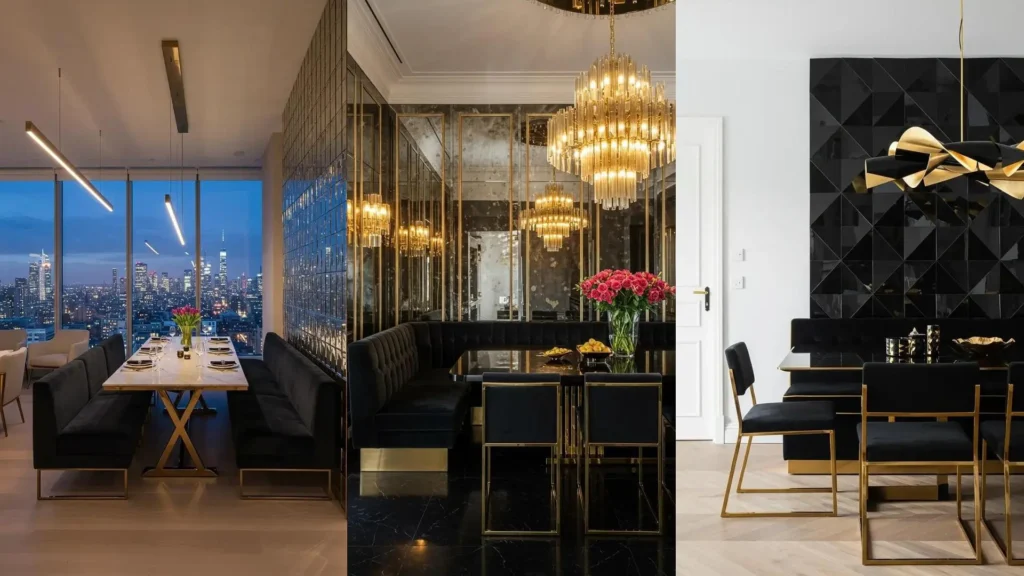 Three elegant black and gold dining rooms featuring velvet banquettes, mirrored panels, and luxurious lighting.