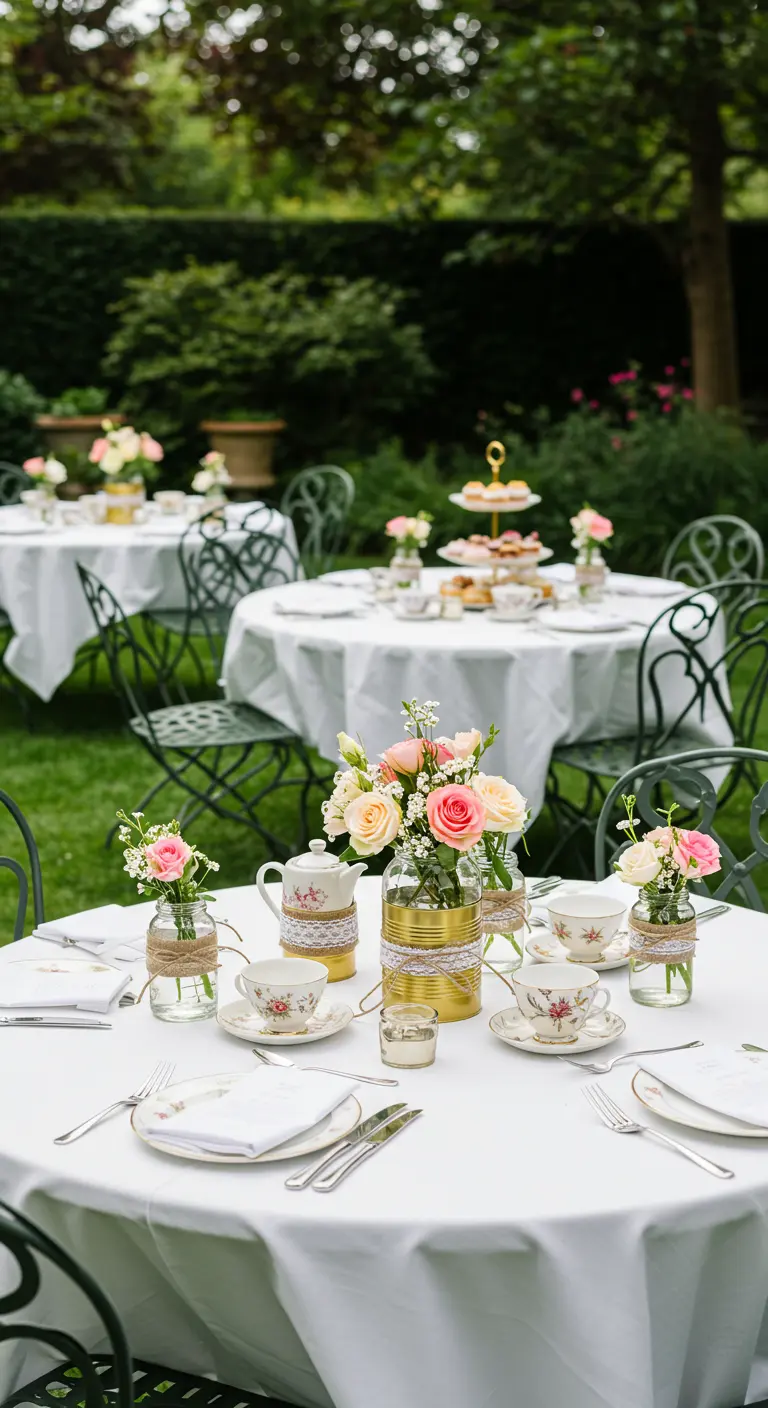 Elegant garden party with round white tables, green chairs, and small glass jars with pink roses.