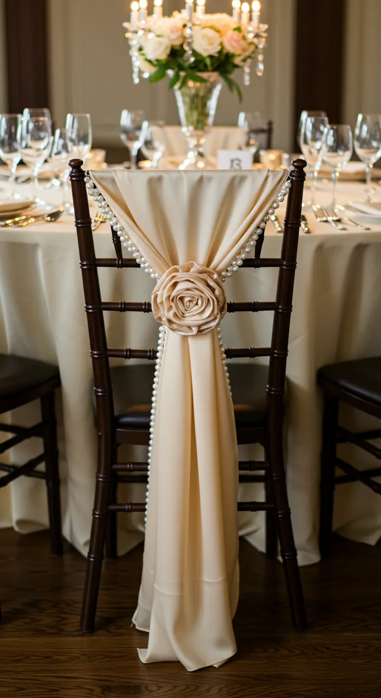A dining chair decorated with a cream-colored fabric sash, a fabric rosette, and pearl beads.