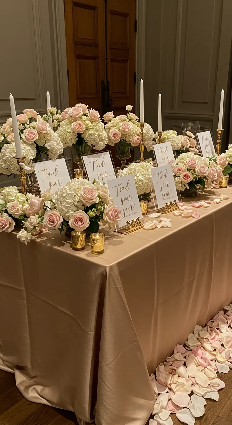 A table covered in rose bouquets and gold accents with escort card displays.