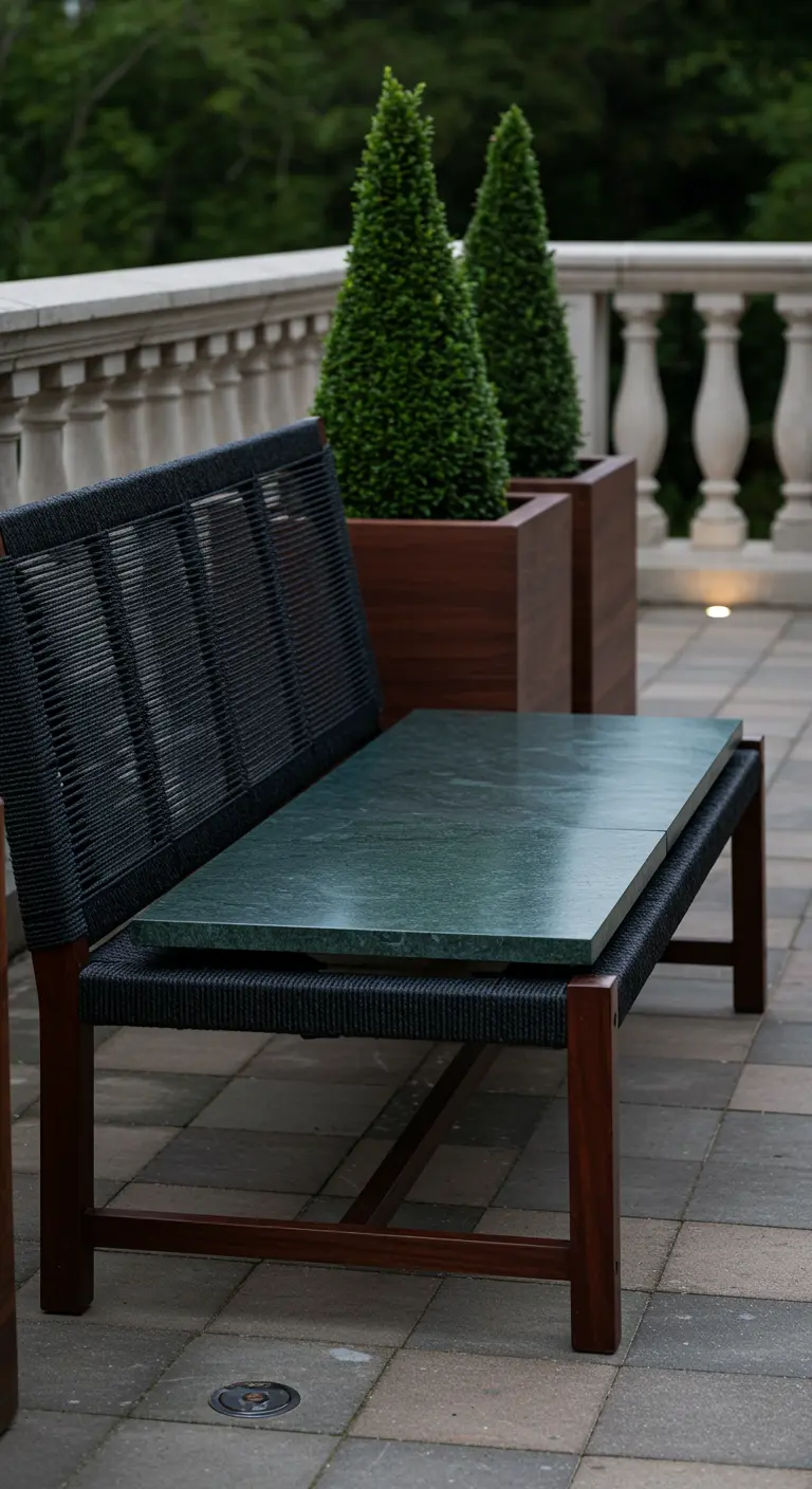 An elegant dark wood bench with a black woven rope seat and a green marble top on a terrace.