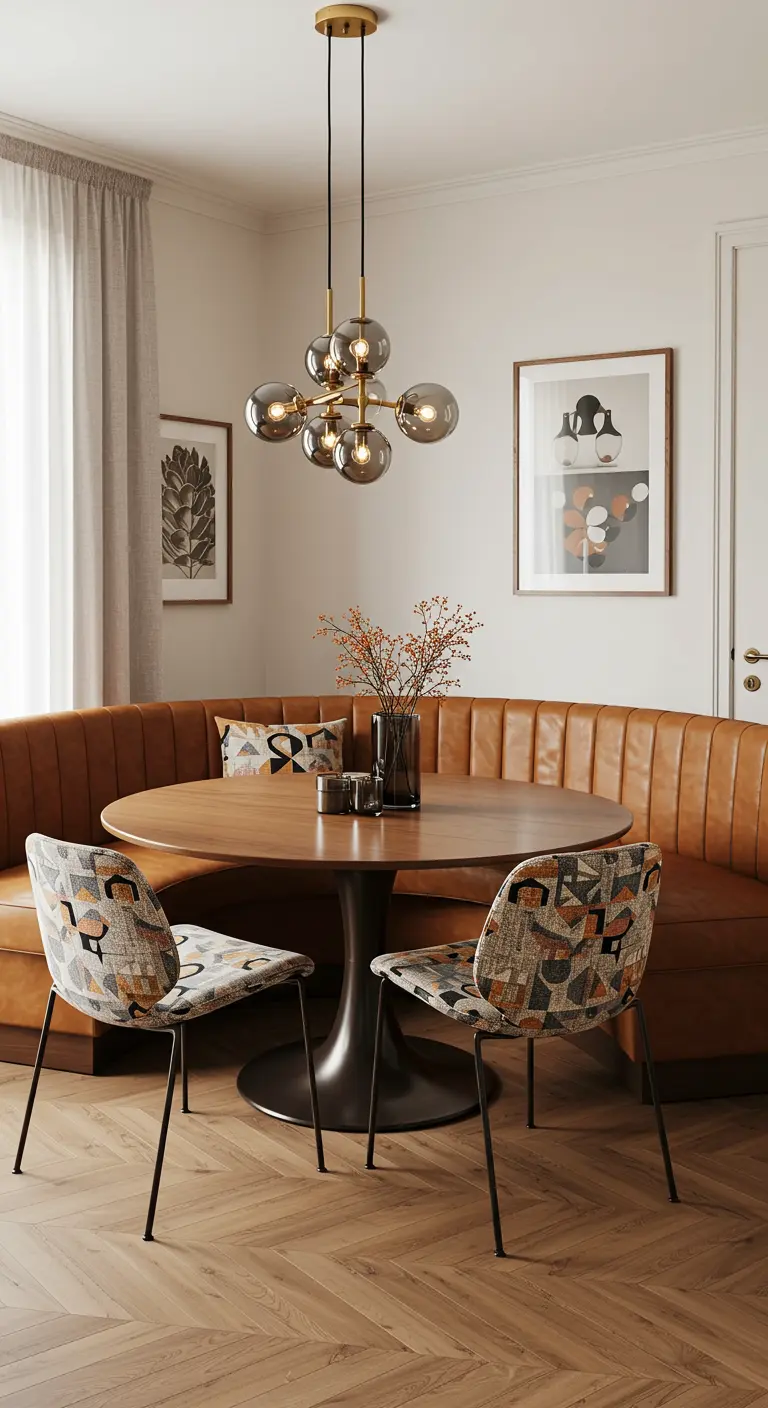 A dining nook with a curved, caramel-colored leather banquette and a round wooden table.