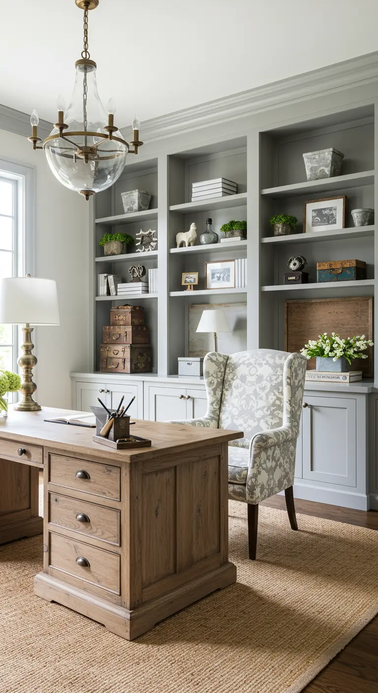 A home office with grey built-in shelves, a rustic wood desk, and a floral wingback chair.