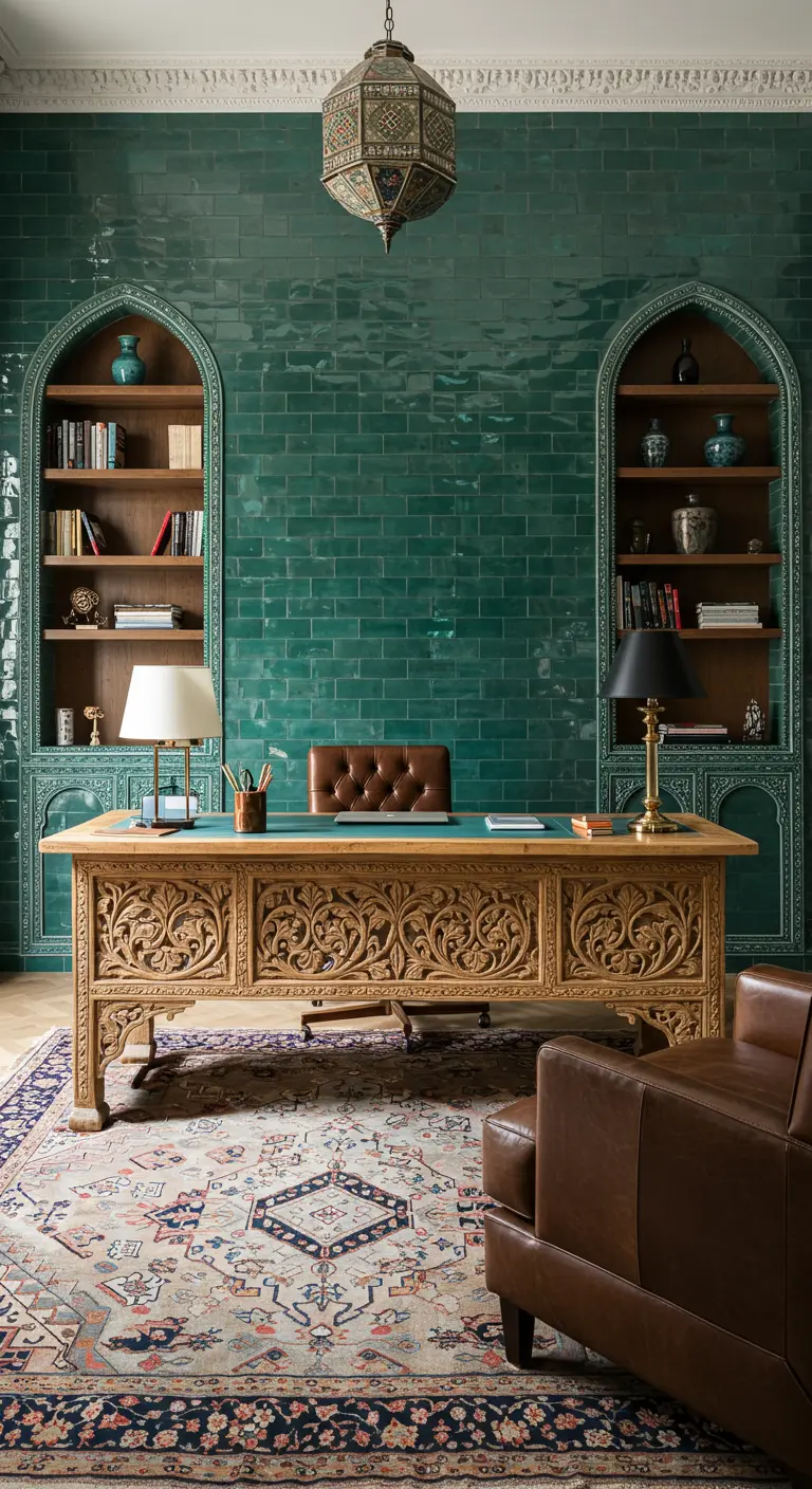 Home office with a full wall of emerald green tiles, arched built-in shelves, and a carved wooden desk.