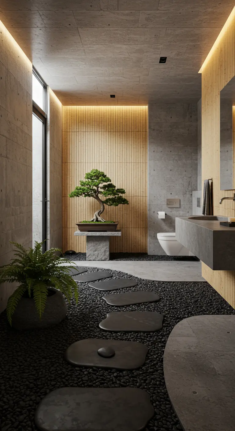 A minimalist bathroom with a bonsai tree on a stone pedestal as a central focus.