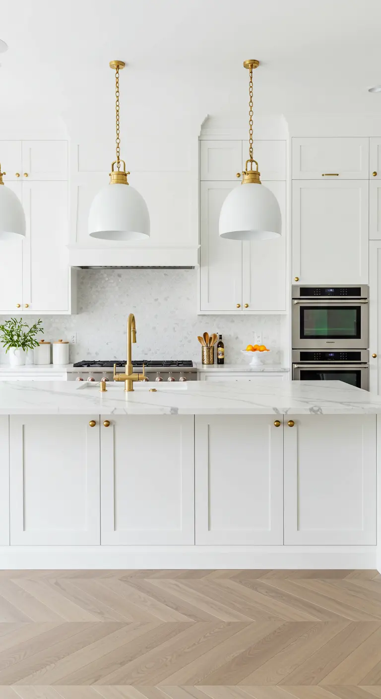 Bright white kitchen with a marble island, gold hardware, and two large white pendant lights.