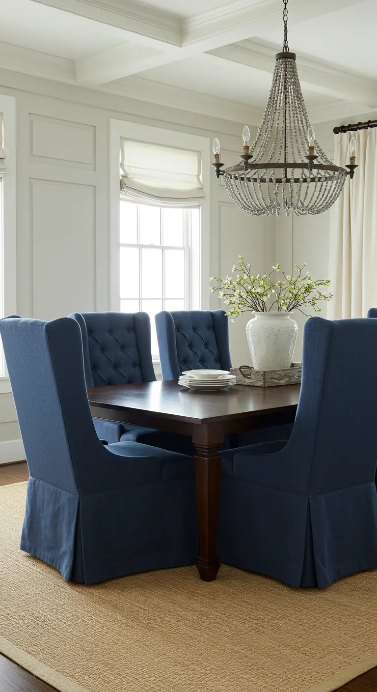 Elegant dining room with navy blue upholstered chairs and a large beaded chandelier.
