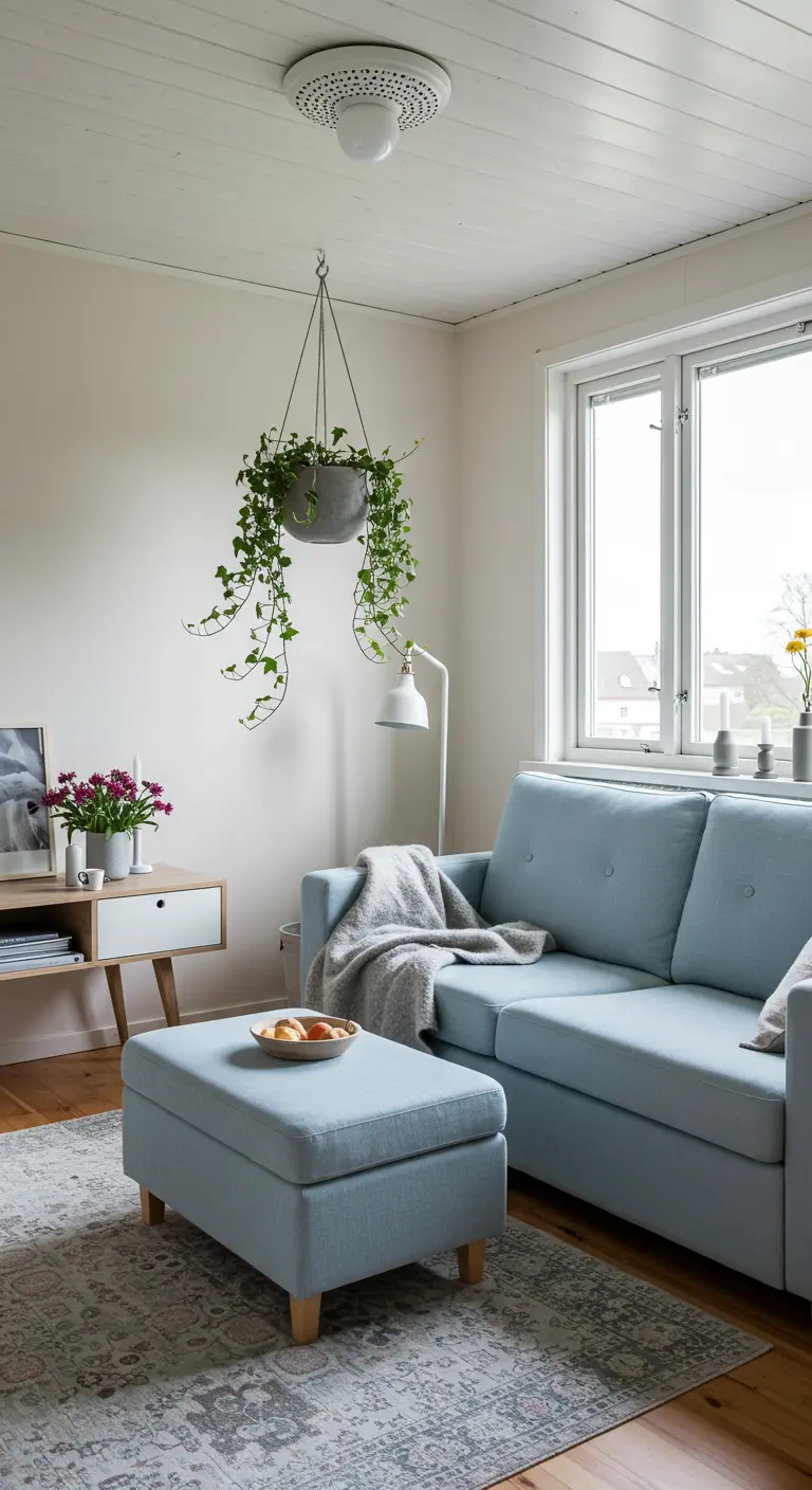 A small living room with a light blue sofa, patterned rug, and a plant hanging from the ceiling.