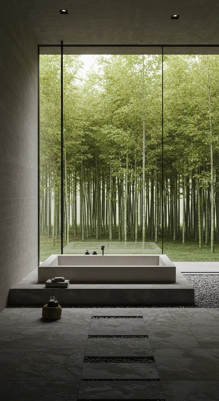 A minimalist tub sits on a raised slate platform before a window looking into a bamboo forest.