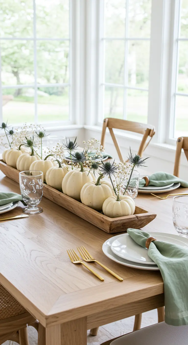 Wooden dough bowl filled with mini white pumpkins and spiky blue sea holly on a dining table.