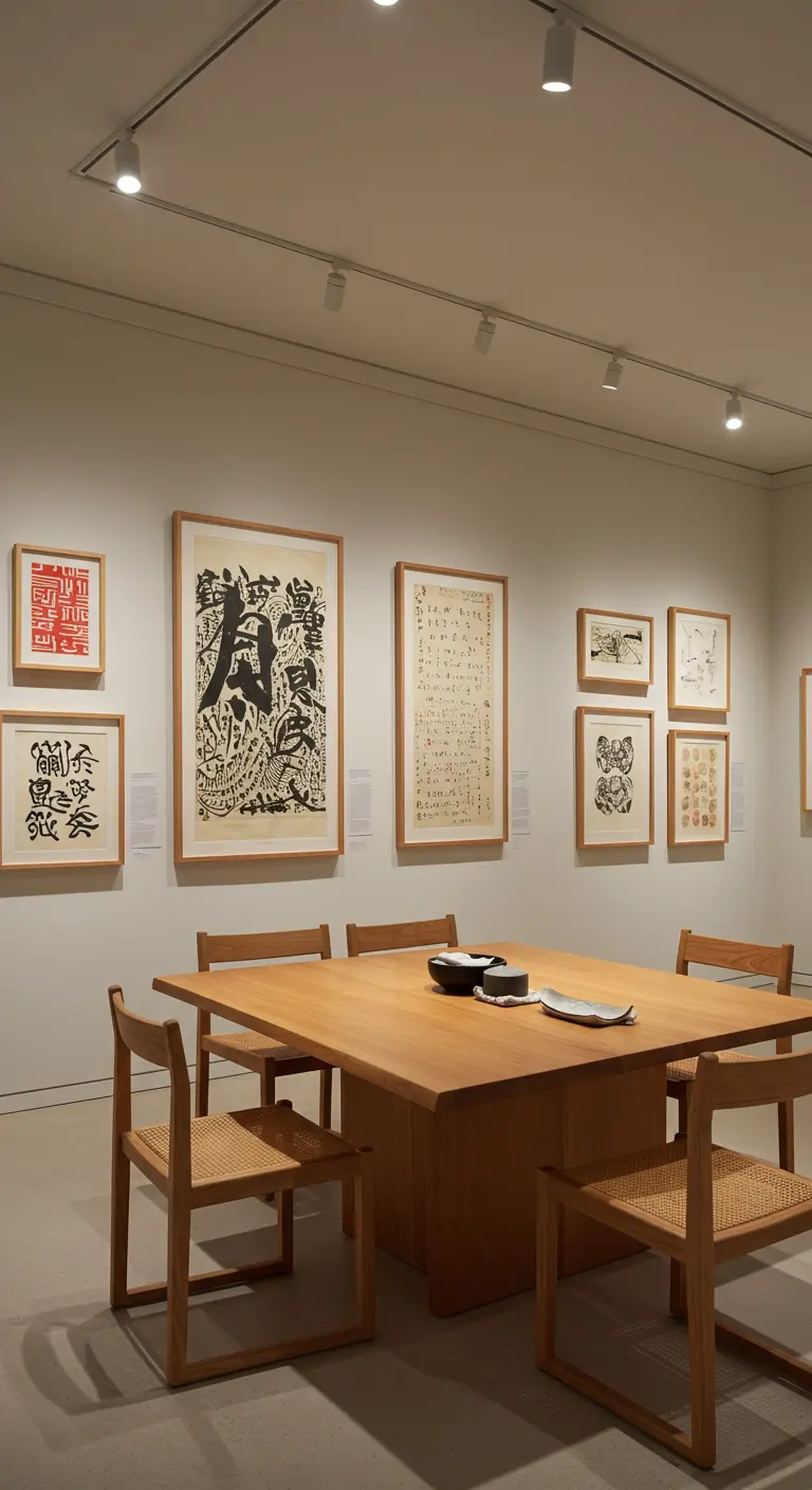 A dining table in a gallery-like setting with framed Japanese calligraphy on the wall.