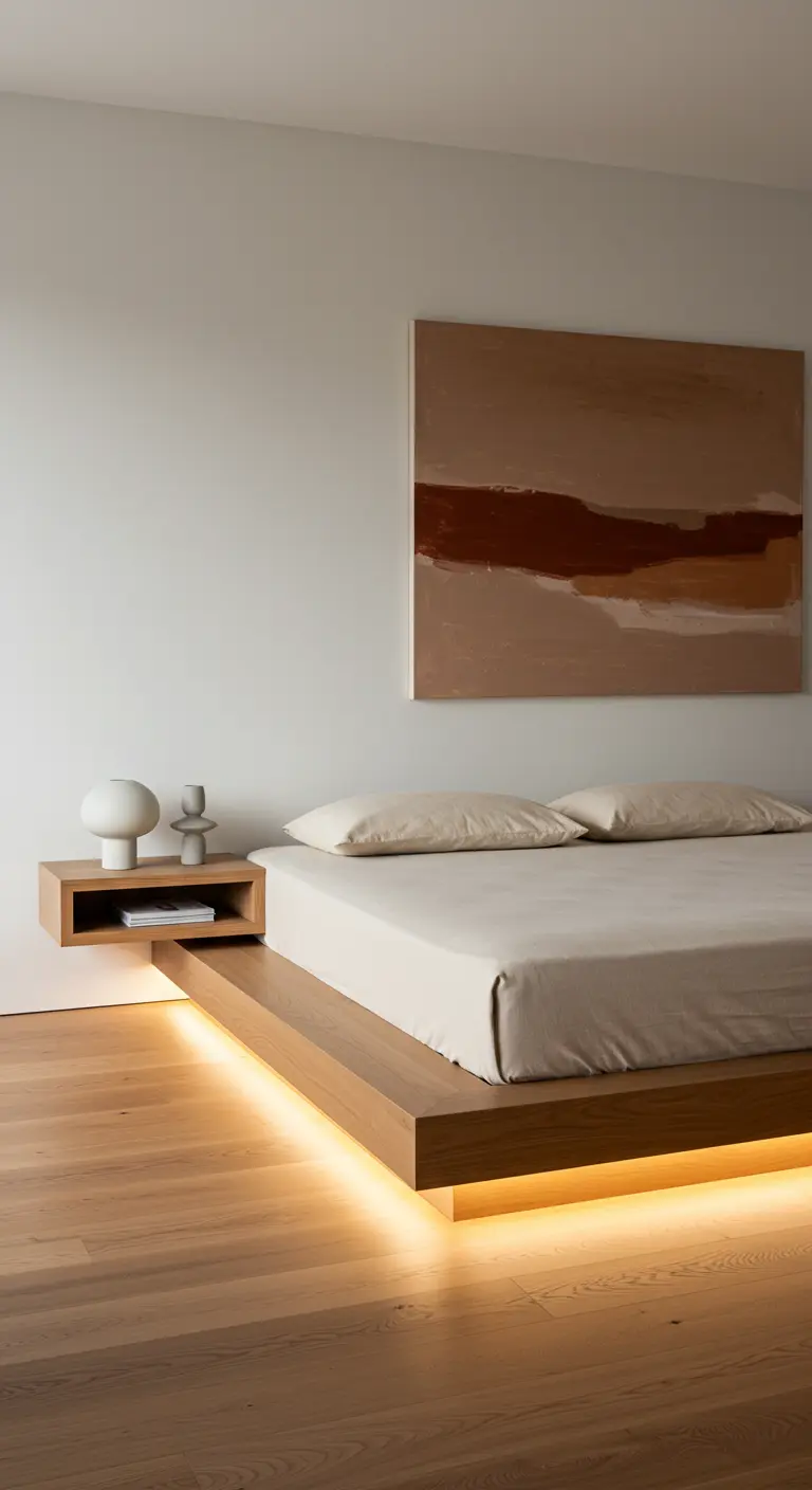 Minimalist bedroom with a wooden platform bed featuring warm LED underlighting.