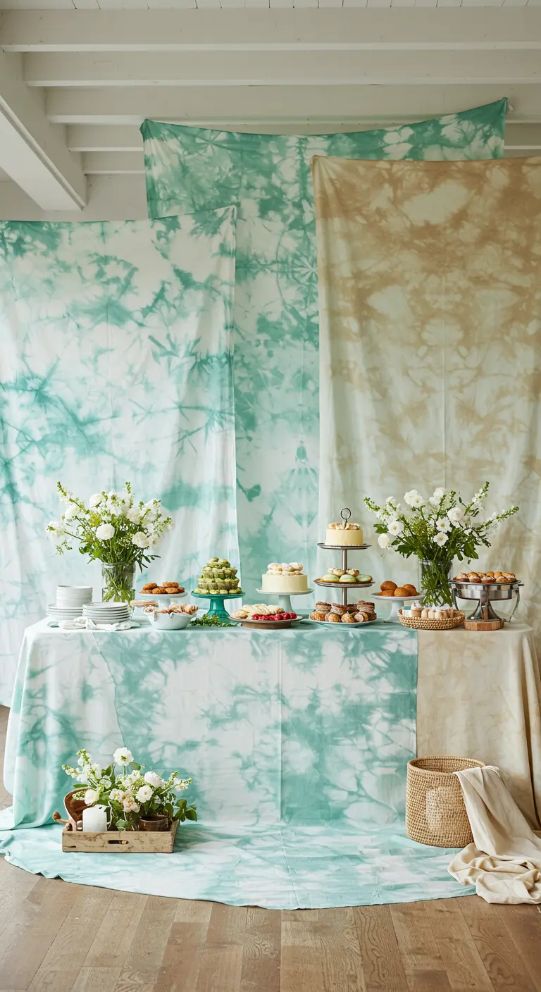 A party dessert table with an elegant, muted green and beige tie-dye fabric backdrop.