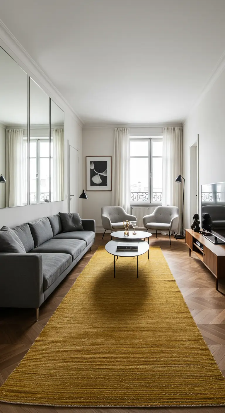 A long, narrow living room with a wall of mirrors and a vibrant mustard yellow runner rug.