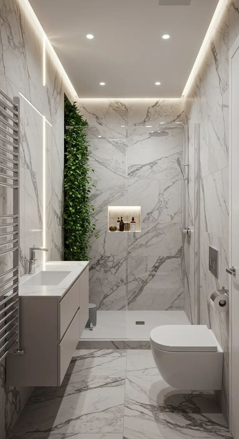 Narrow marble bathroom with a floor-to-ceiling vertical garden next to the shower.
