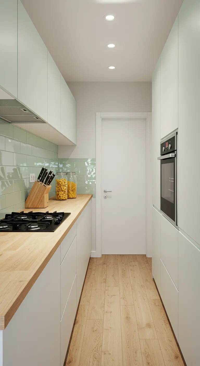 Narrow galley kitchen with mint green subway tile backsplash and wood countertop.
