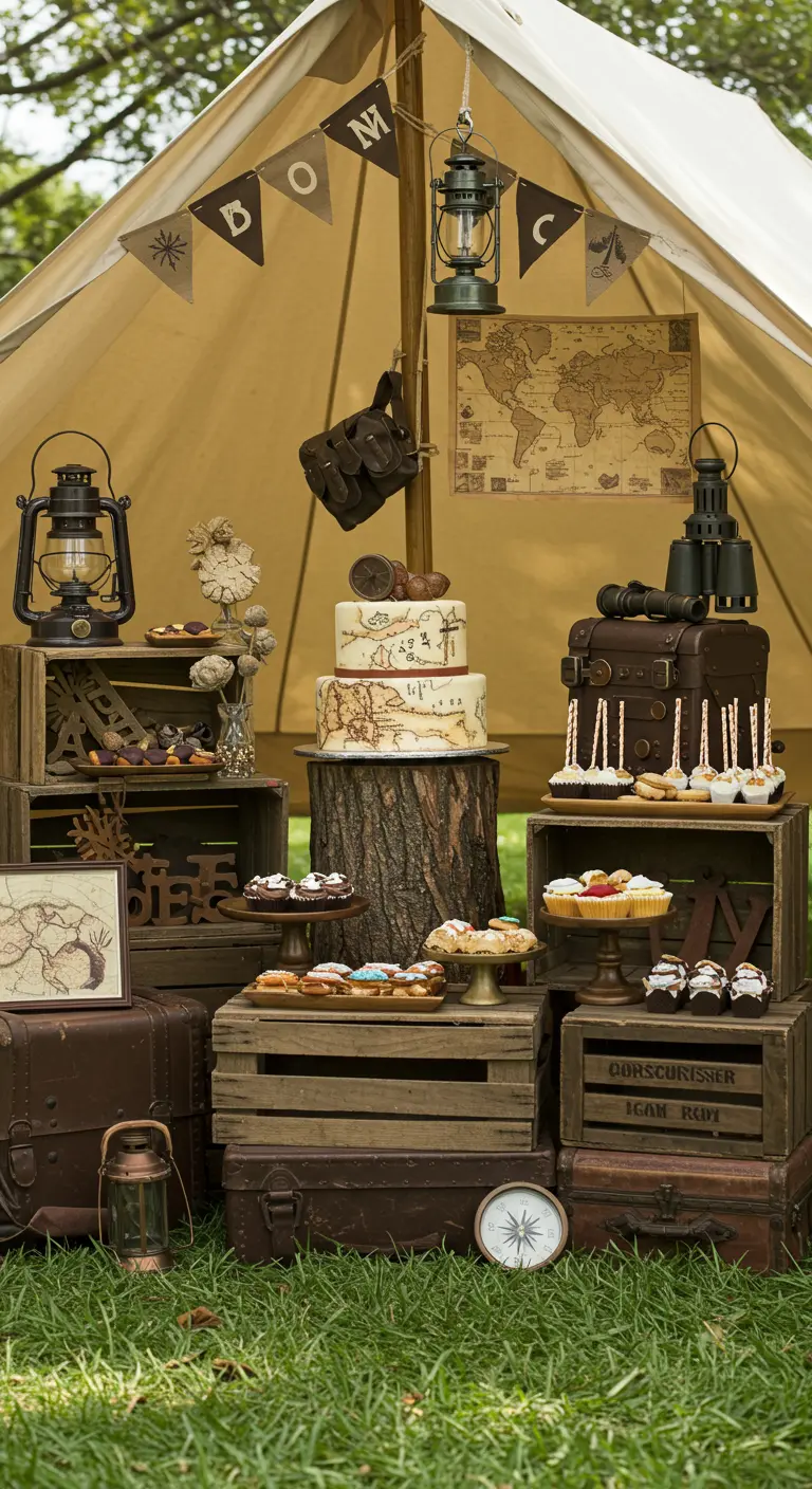 Adventure-themed woodland party with stacked crates, vintage maps, and lanterns.