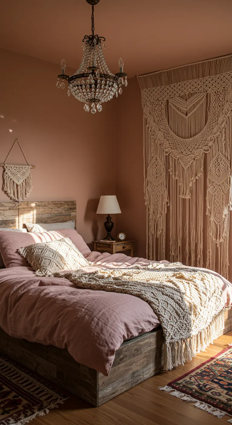 Bohemian bedroom with dusty rose walls, a large macrame wall hanging, and a crystal chandelier.