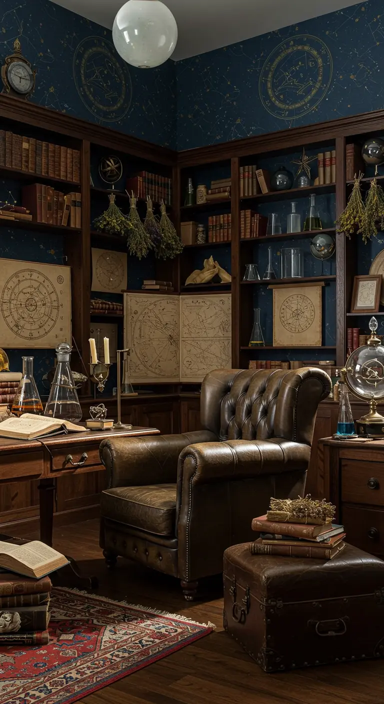 A study filled with celestial maps, scientific beakers, and a leather armchair.