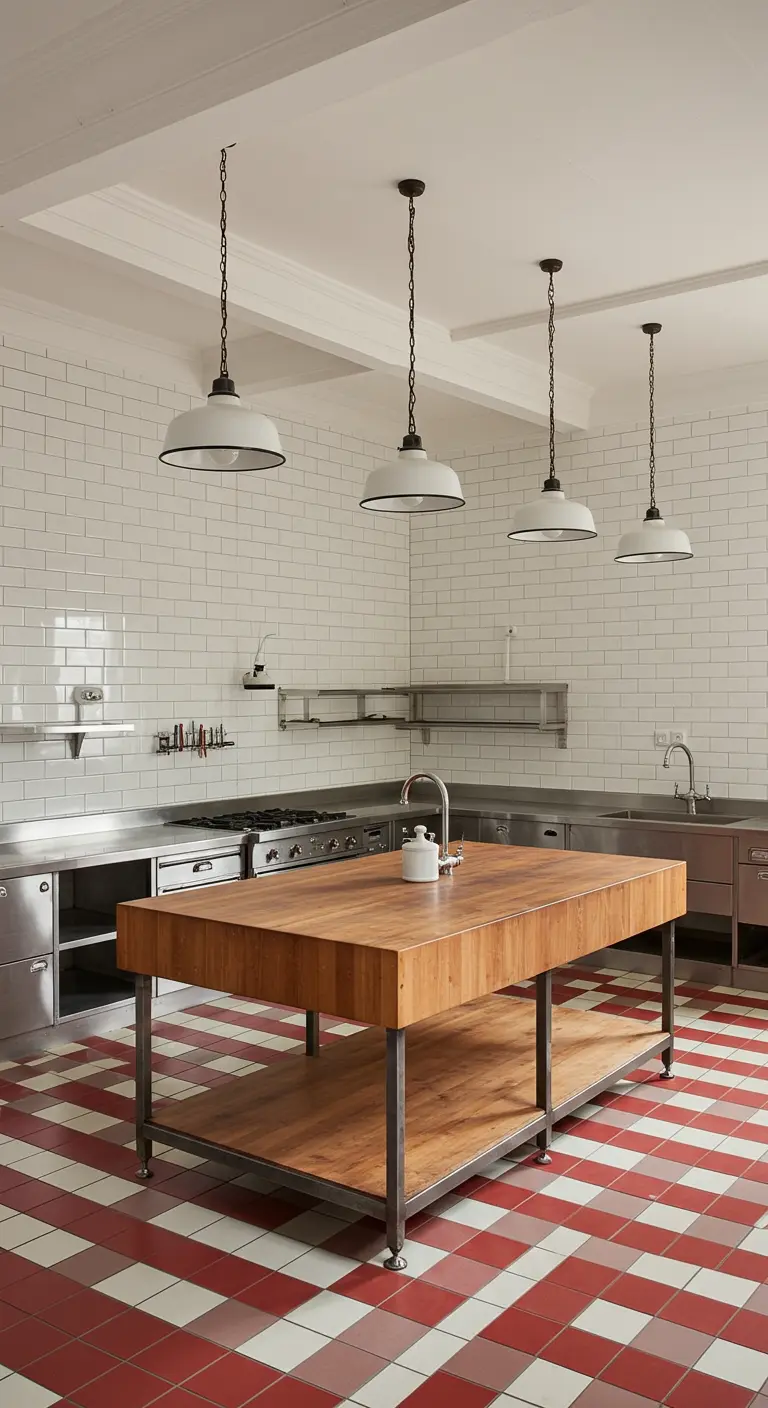 A utilitarian-style kitchen with stainless steel counters and a red-and-white checkerboard floor.