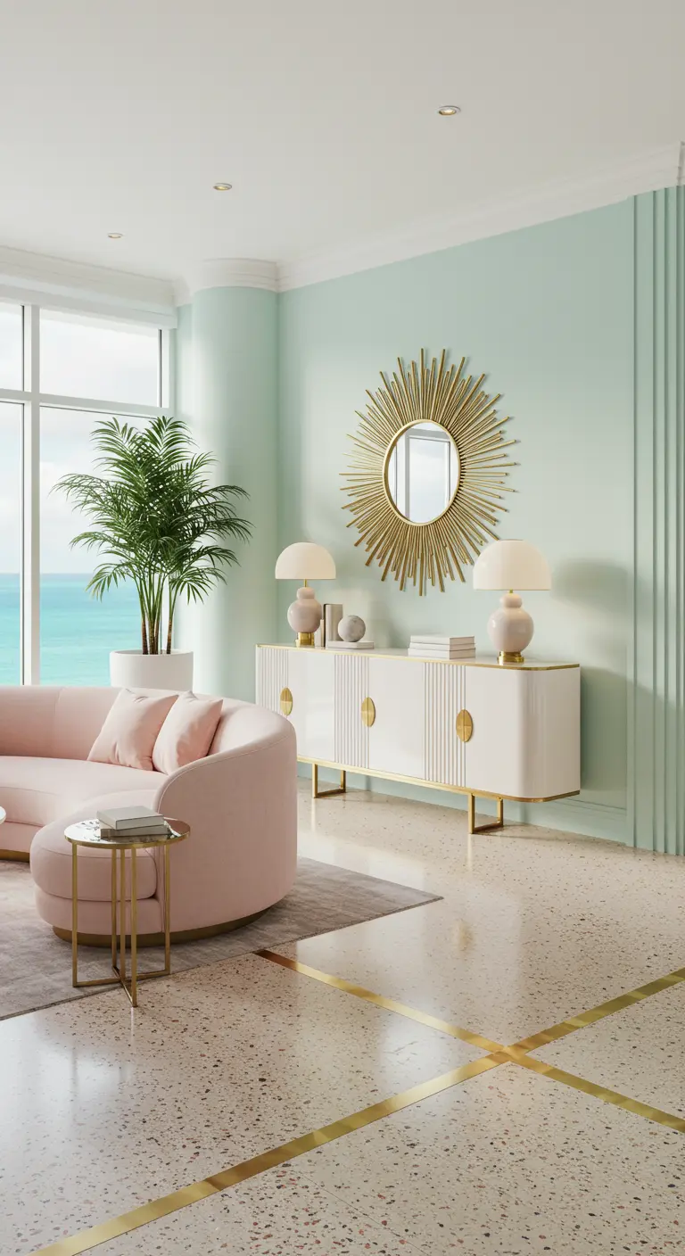 Airy living room with mint walls, a pink curved sofa, and a white lacquer credenza by the sea.