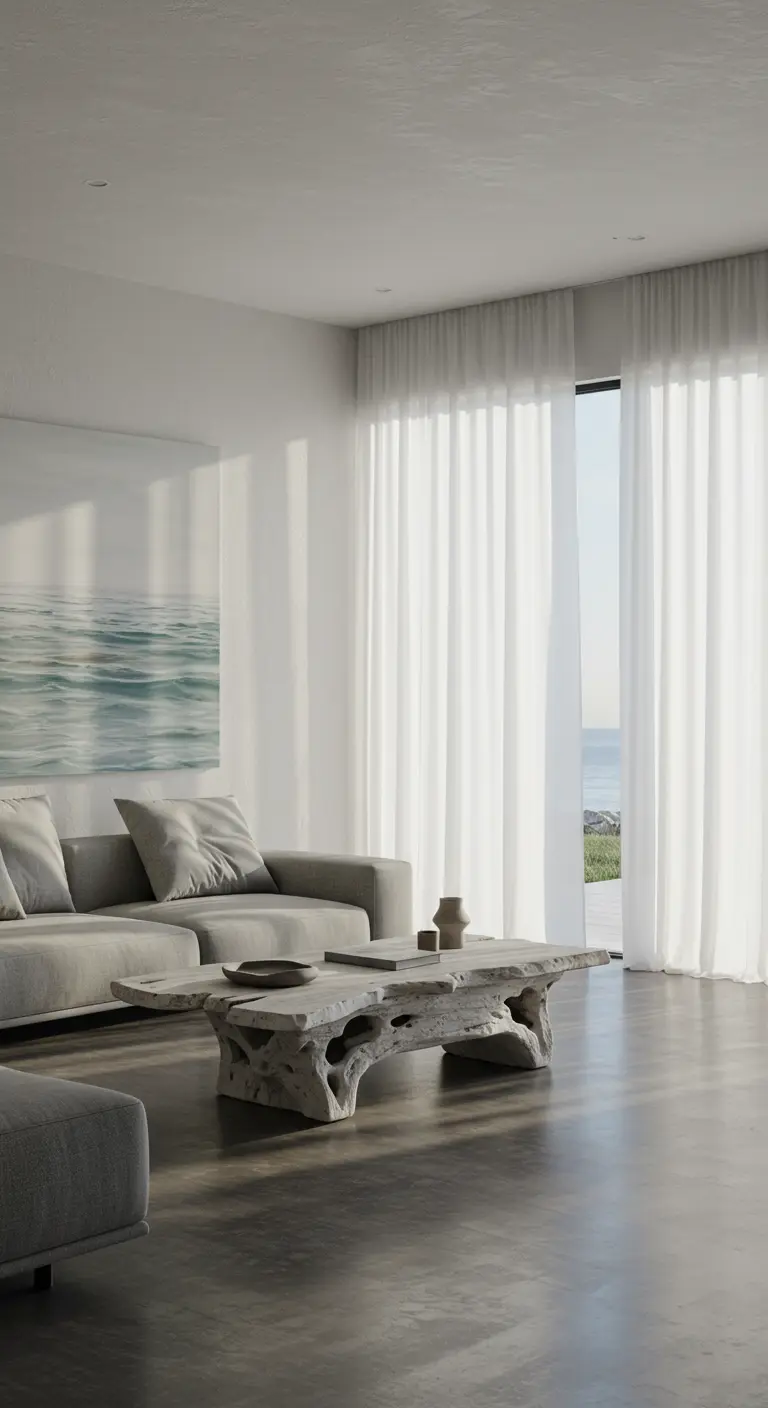 Minimalist living room with sheer white curtains and a pale driftwood coffee table.