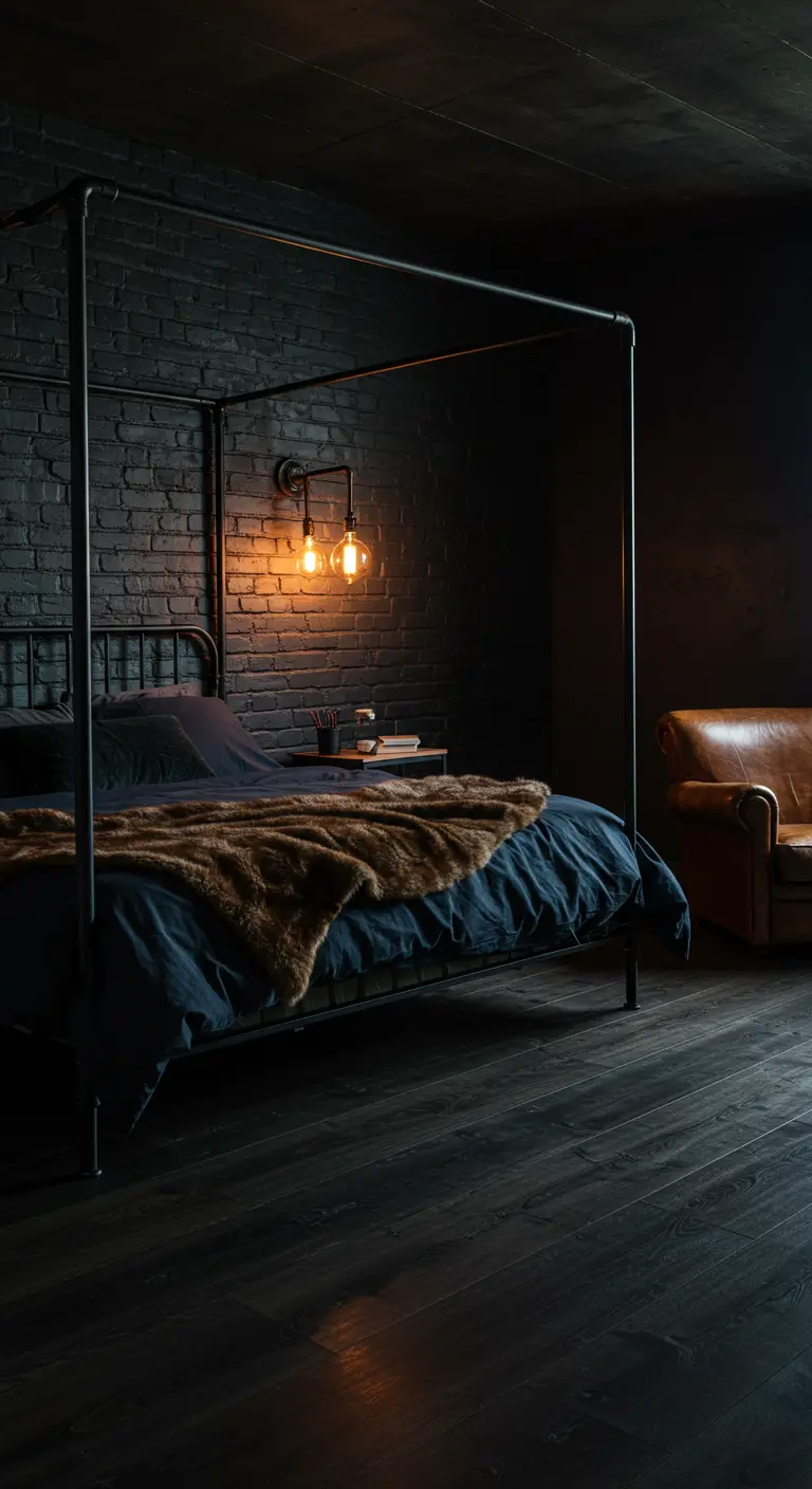 A dark, moody bedroom with a black brick wall and a black metal pipe canopy bed.