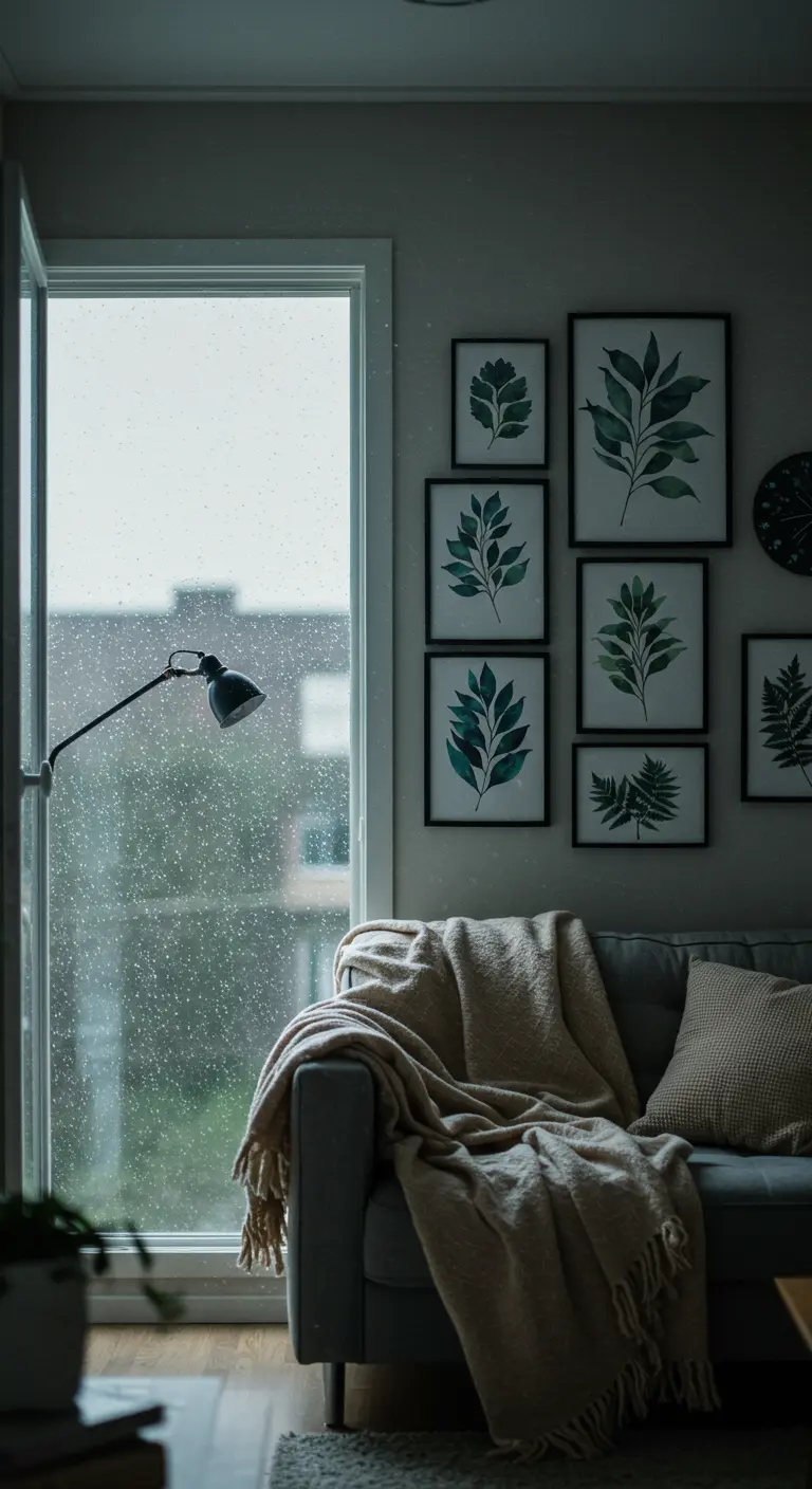 A gallery wall of dark botanical prints next to a window showing rain outside. A cozy sofa sits below.