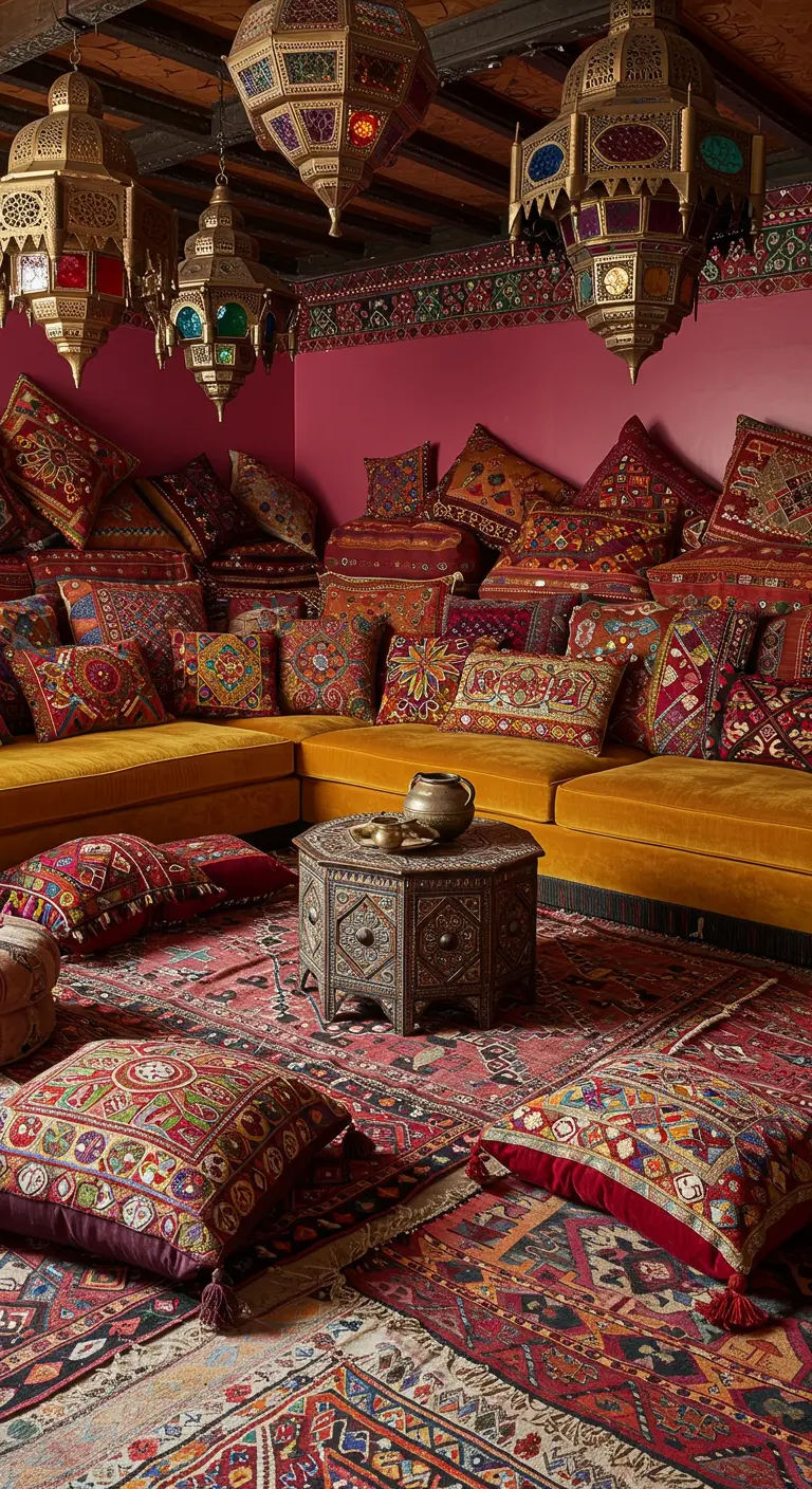 A low yellow sofa covered in embroidered pillows in a Moroccan-style room with many rugs.