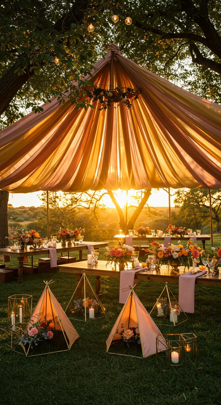 A beautiful outdoor circus party at sunset with gold and pink decor.