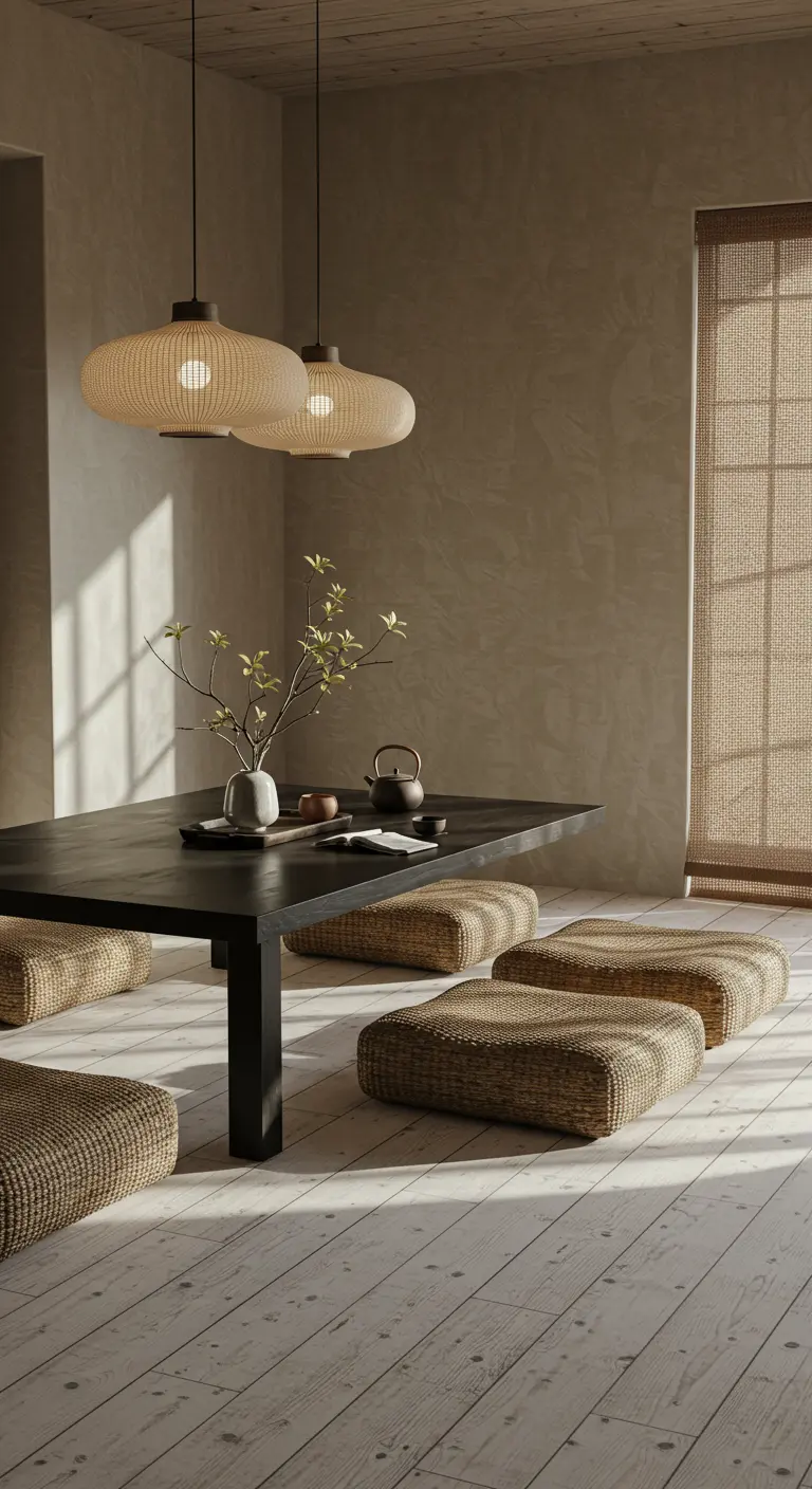 A low dining table with woven floor cushions in a Japanese-inspired, minimalist room.