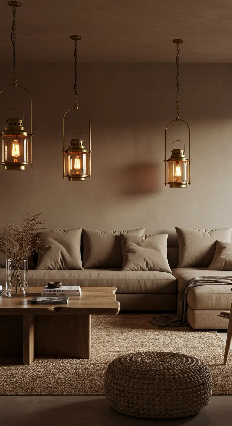 A living room with brown walls and a brown sectional, lit by three brass lantern pendants.