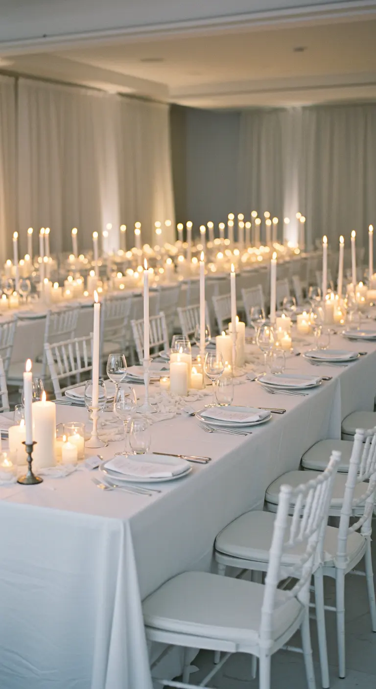A long dining table with all-white decor, featuring a dense arrangement of white candles.