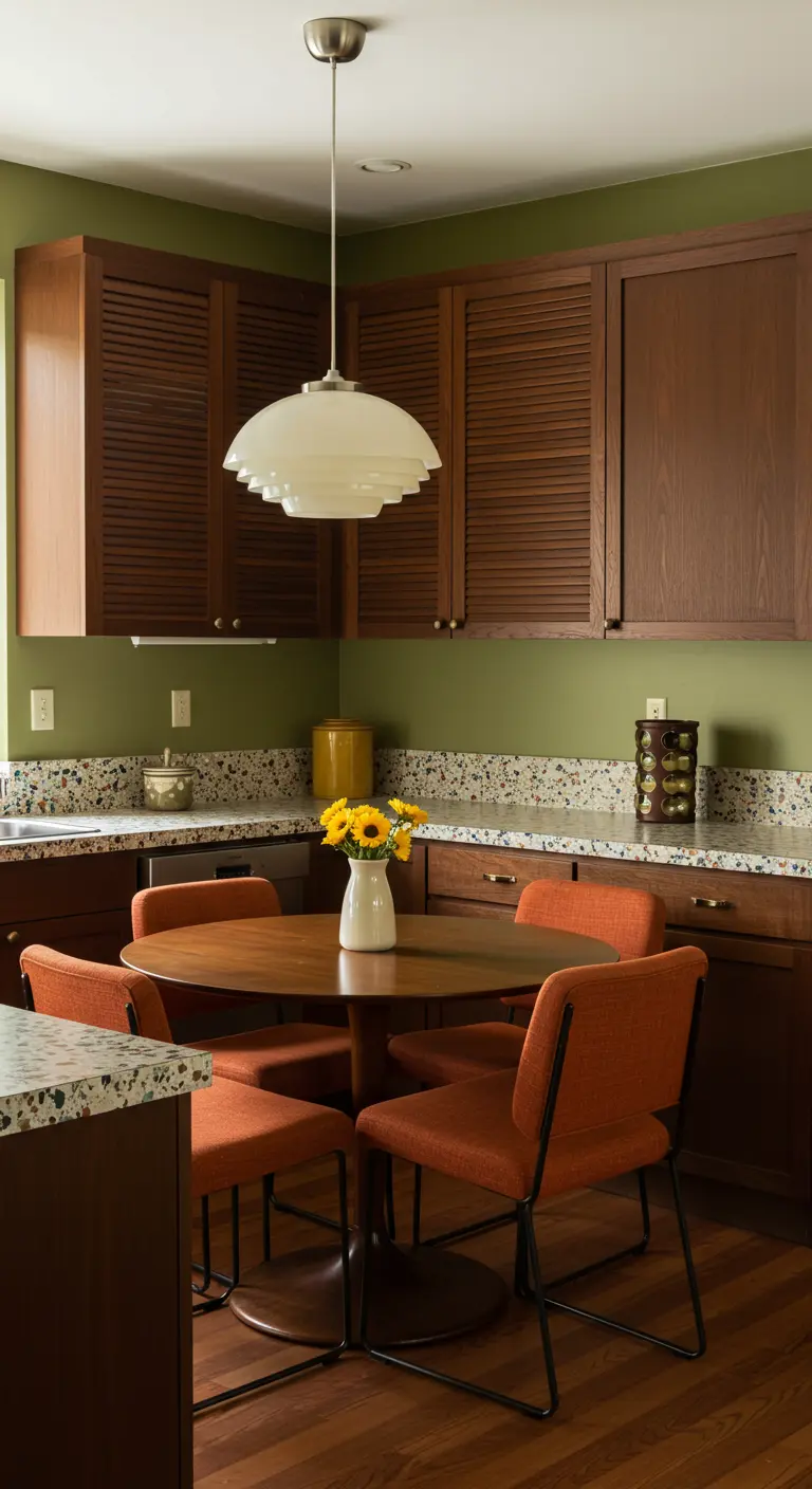 Mid-century dining nook with olive walls, teak cabinets, and orange chairs.