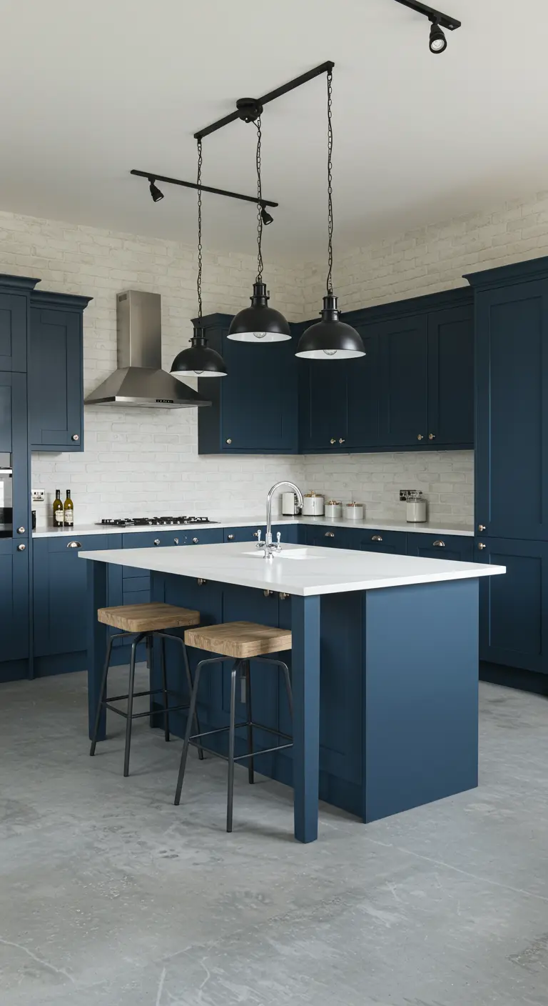 Industrial-style kitchen with navy cabinets, white brick wall, and black track lighting.