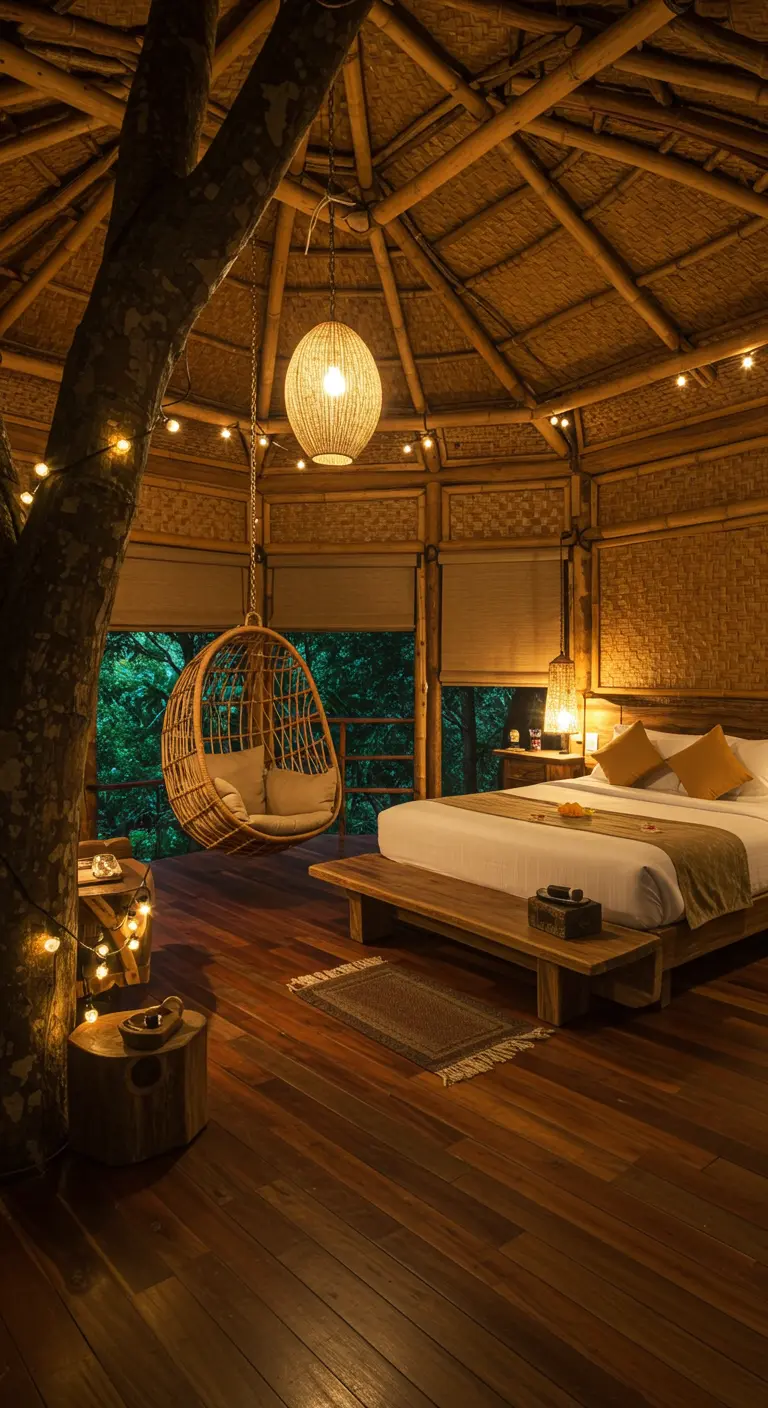 Round bamboo bedroom with a tree inside and a hanging rattan chair.