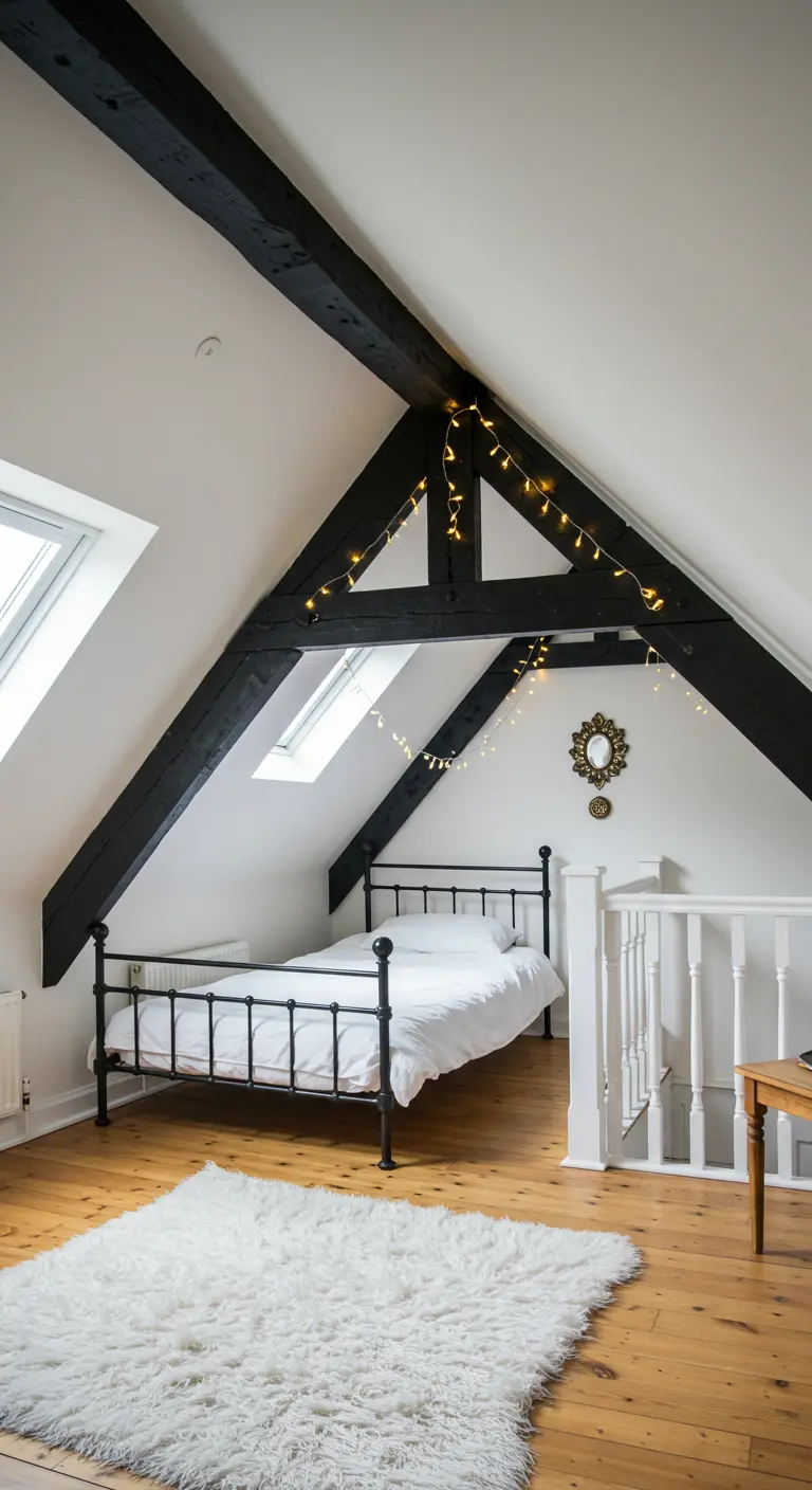 Attic bedroom with black painted beams adorned with fairy lights and an iron bed.