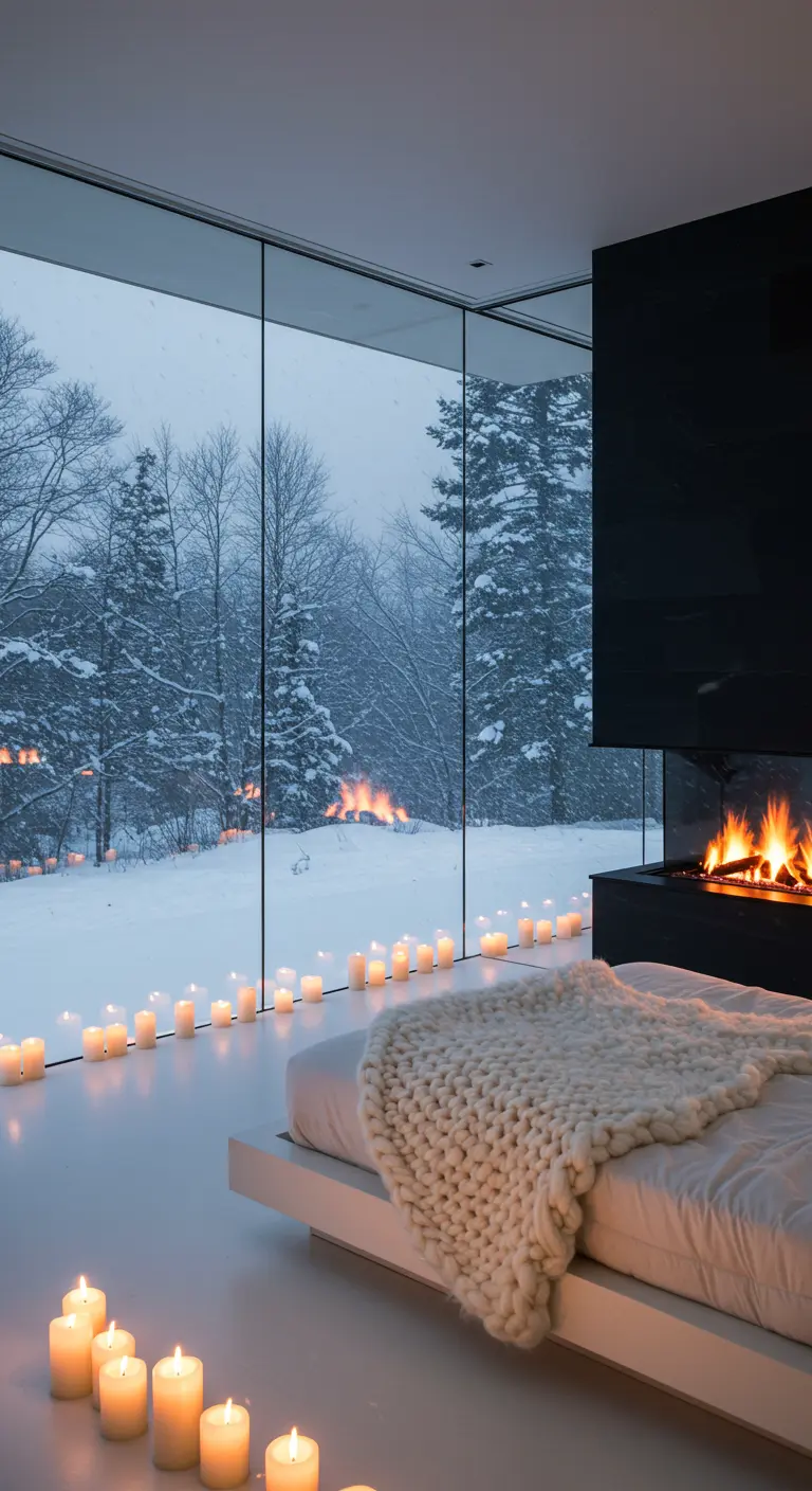 Minimalist bedroom with glass walls, a modern fireplace, and a view of a snowy landscape.