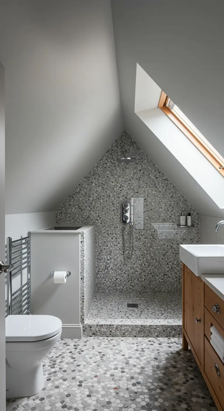 Attic bathroom with a skylight and a walk-in shower lined with pebble tiles.