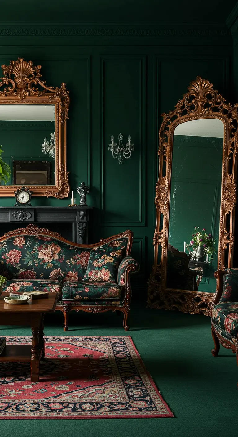 Dark green room with a dark floral settee and oversized ornate gold mirrors.
