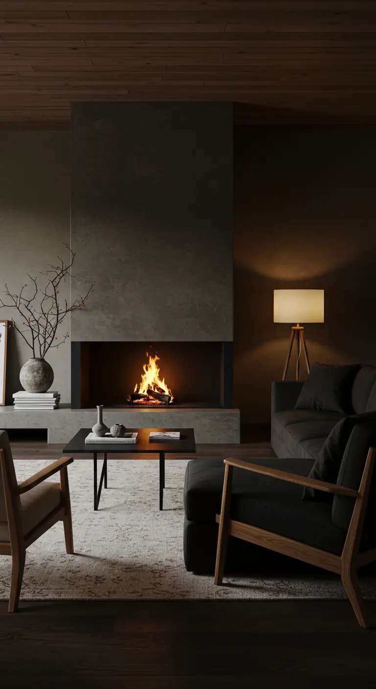 A modern, dark concrete fireplace with a lit fire in a moody Japandi living room.