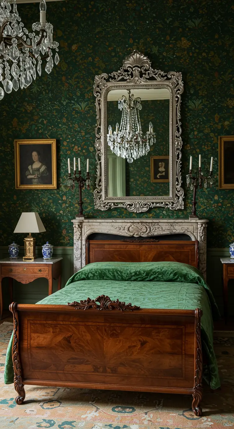 Dark green floral bedroom with a silver rococo mirror above a marble fireplace.
