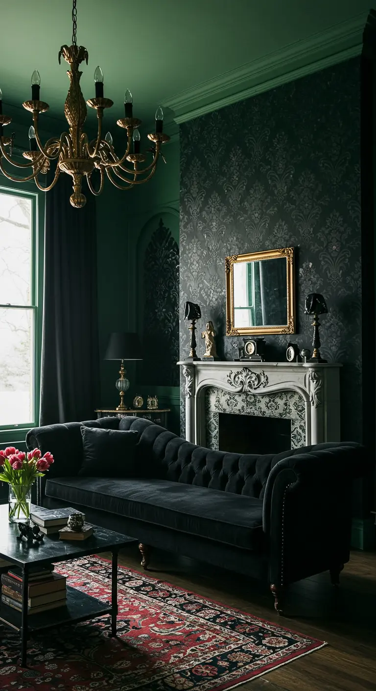 Gothic-inspired room with green damask wallpaper, a black tufted sofa, and an ornate fireplace.